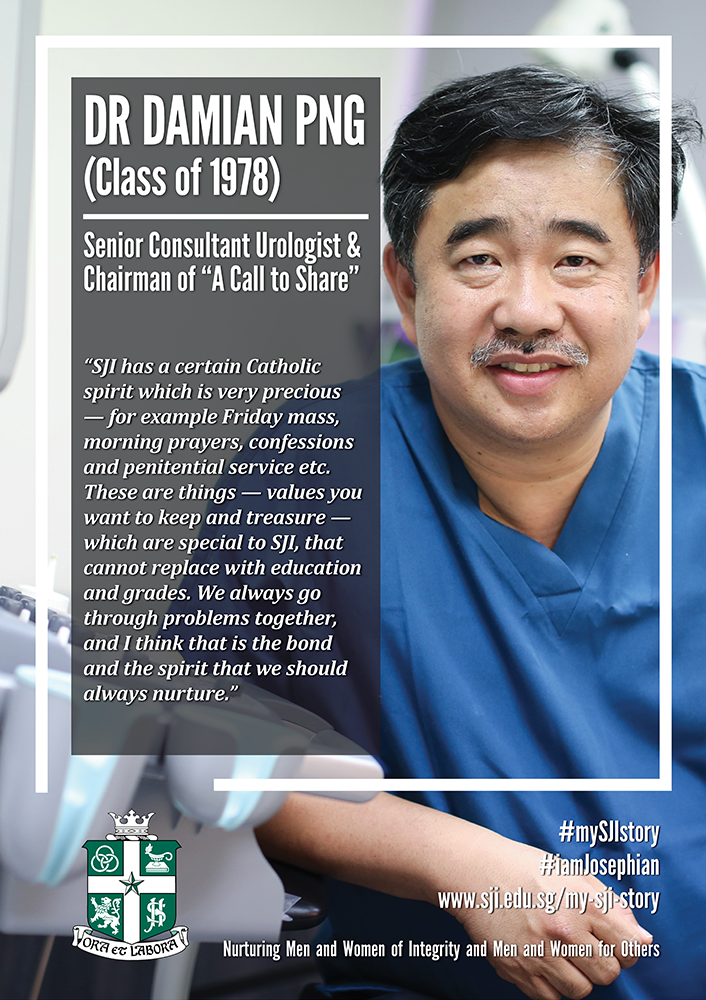 Promotional poster featuring Dr Damian PNG, a smiling man in blue scrubs, with a quote about SJI values.